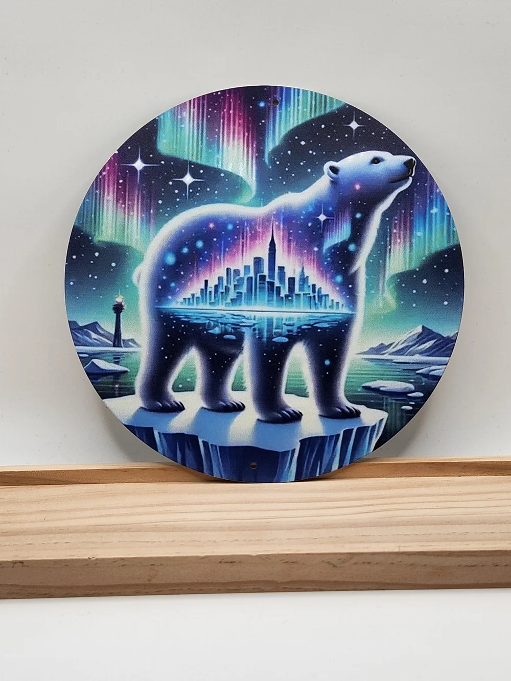 Aurora Polar Bear Northern Lights Cityscape Round Metal Wall Sign